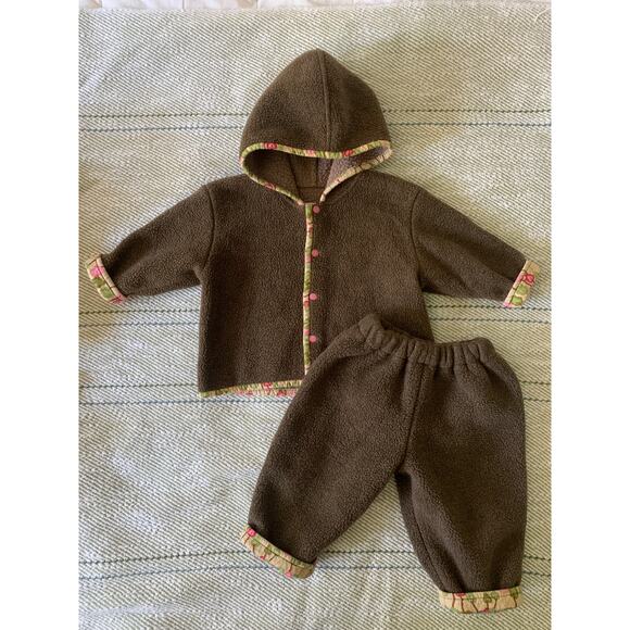 VTG Polar Babies Fleece Set Outfit Brown Floral Hooded 12 Months USA EUC - Picture 1 of 7
